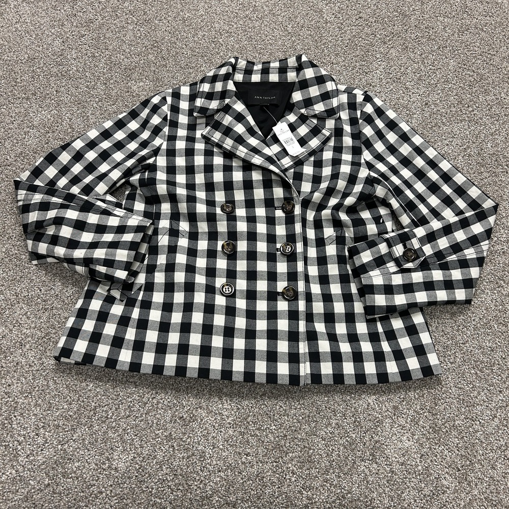 Ann Taylor Coat Womens S Black Check Twill Pea Double Breasted Lined Pockets